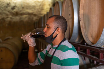 Portrait of man winemaker wearing protective face mask checking wine in glass at winery
