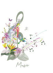Abstract nature treble clef decorated with summer and spring flowers, notes, birds. Light and relax music. Hand drawn vector illustration. - 514085078