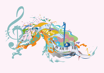 Obraz premium Abstract musical design with a treble clef and sights. Colorful splashes and waves. Hand drawn vector illustration.