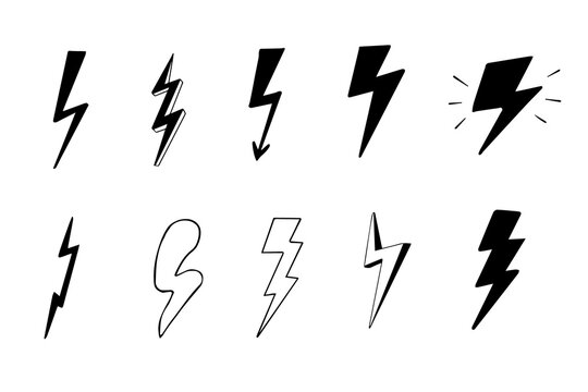 Lighting bolt set symbol in doodle style power simple abstract sign collection isolated on white background. Web, hipster