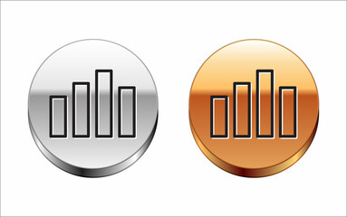 Black line Music equalizer icon isolated on white background. Sound wave. Audio digital equalizer technology, console panel, pulse musical. Silver-gold circle button. Vector