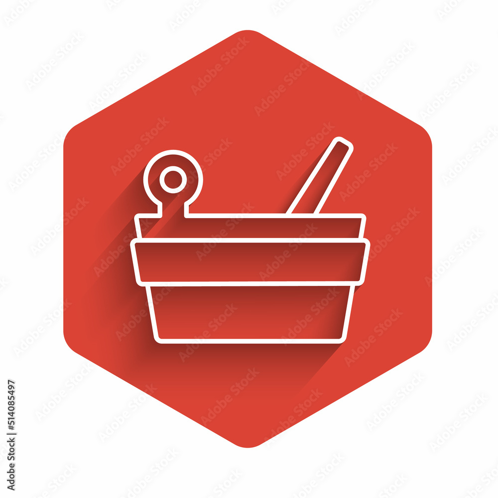 Poster white line sauna bucket and ladle icon isolated with long shadow. red hexagon button. vector