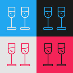 Pop art line Glass of champagne icon isolated on color background. Vector