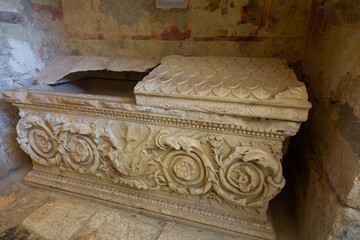 Sarcophagus in St. Nicholas Church, Demre. East Roman basilica church in the ancient city of Myra,...