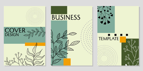 book cover template set. geometric background with hand drawn leaf elements. for catalogs, brochures, presentations