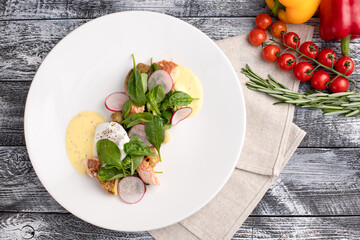 salad, salad of fresh vegetables on a white wooden background, top view