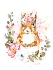 Watercolor woodland animal boho squirrel botanical frame isolated cute animal. Nursery woodland illustration. Bohemian forest animals for baby shower invitation, nursery decor, print, greeting card