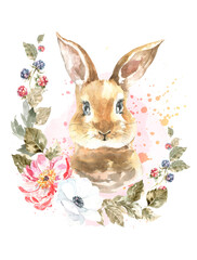 Watercolor woodland animal boho bunny botanical frame isolated cute animal with color splash. Nursery woodland illustration. Bohemian boho animals for baby shower invitation, nursery print, greeting