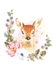 Watercolor woodland animal boho deer botanical frame isolated cute animal with color splash. Nursery woodland illustration. Bohemian boho animals for baby shower invitation, nursery print, greeting