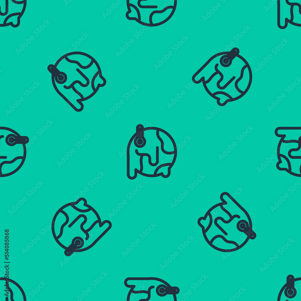 Poster blue line planet earth melting to global warming icon isolated seamless pattern on green background.