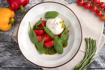burrata salad, burrata salad on a white wooden background, top view