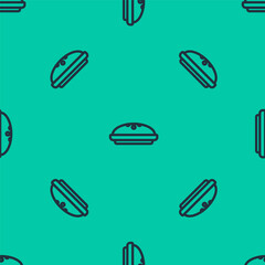 Blue line Homemade pie icon isolated seamless pattern on green background. Vector