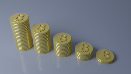 3d render bitcoin coin Arranged in ascending bars on a light blue background.