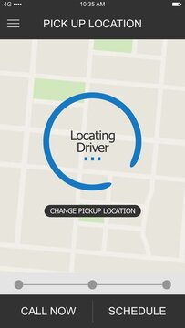 A simulated ride sharing app locating driver map screen for a cellular phone. Orientation is created vertical for placement on a typical 1080x1920 smartphone screen in portrait mode.	