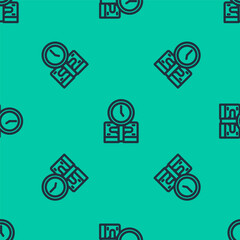 Blue line Time is money icon isolated seamless pattern on green background. Money is time. Effective time management. Convert time to money. Vector