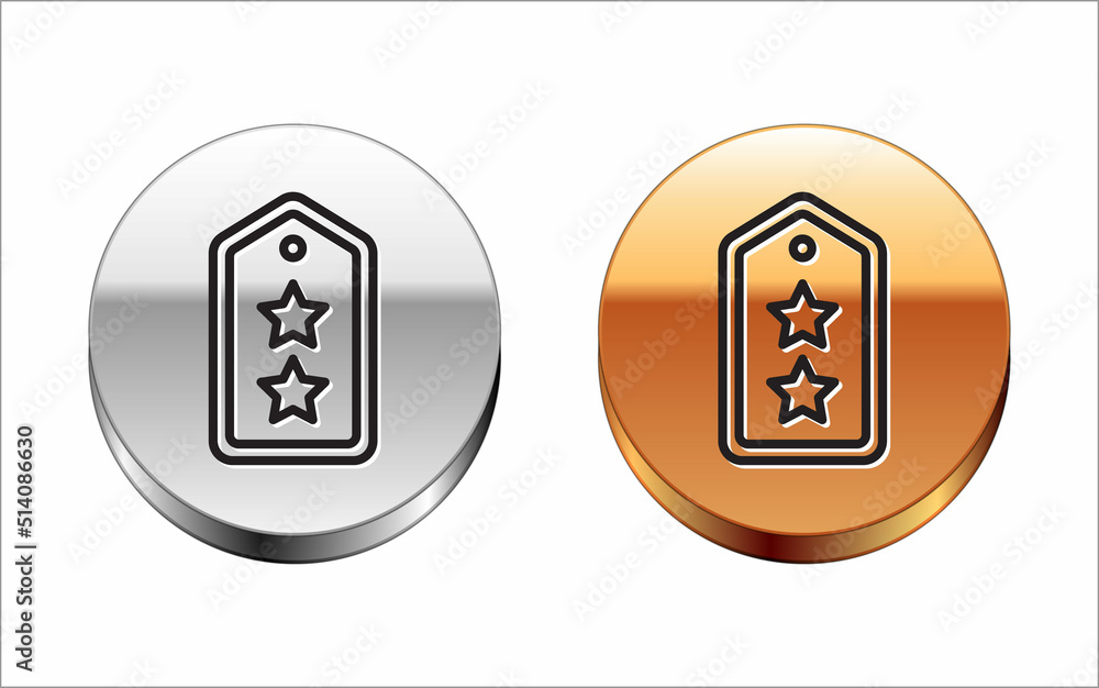 Sticker Black line Military rank icon isolated on white background. Military badge sign. Silver-gold circle button. Vector