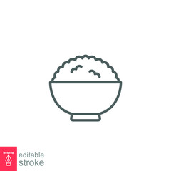 Rice bowl line icon. Simple outline design style. Food, lunch, asian, plant, natural, traditional concept. Vector illustration isolated on White background. Editable stroke Eps 10.