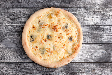 Pizza, pizza on a wooden white background, top view
