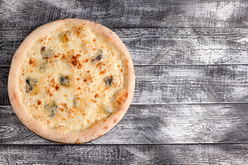 Pizza, pizza on a wooden white background, top view