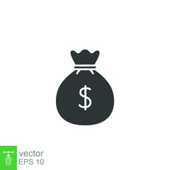 Money bag glyph icon. Simple solid design style. Dollar, moneybag, cash, million, sack concept. Vector illustration isolated on White background. Eps 10.