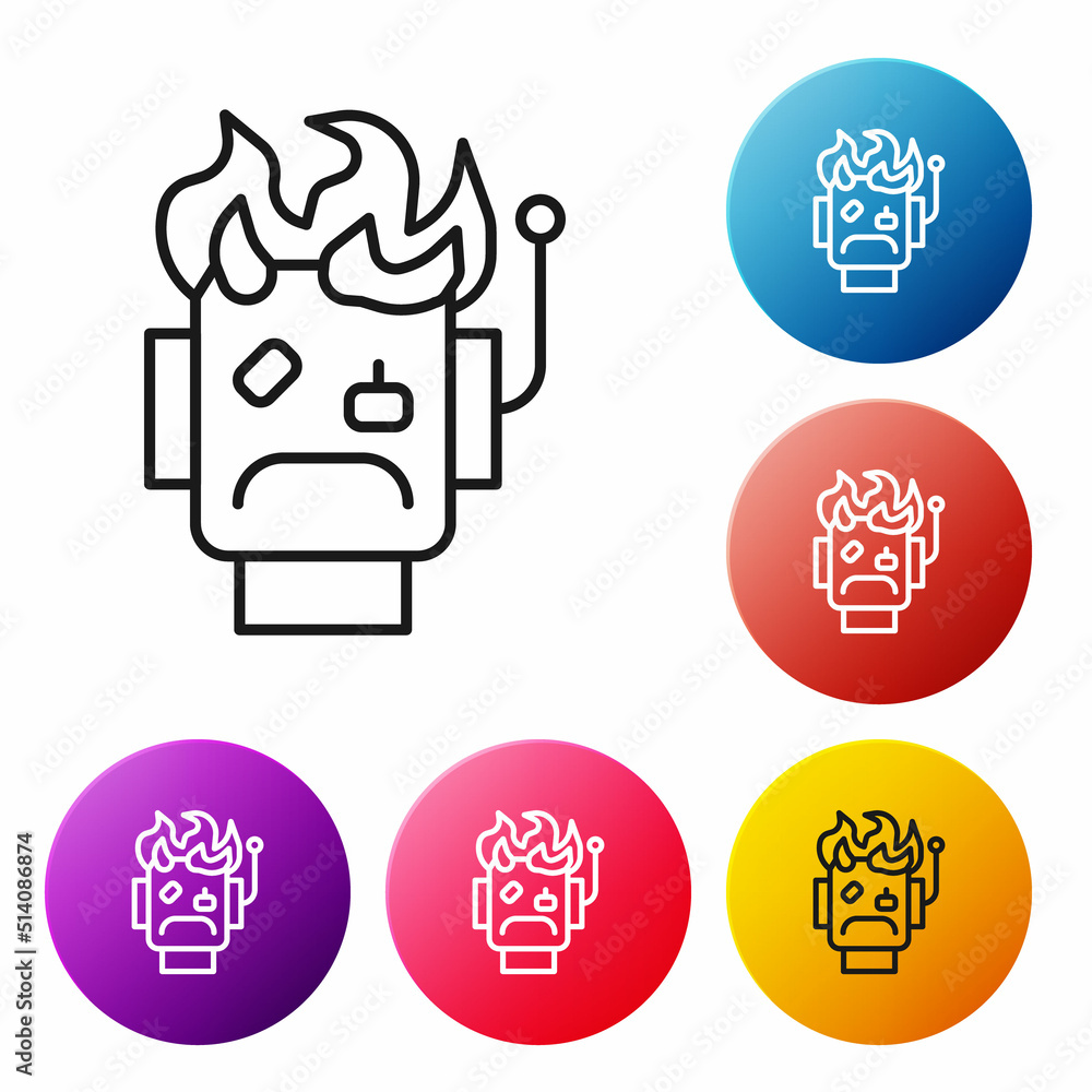 Poster black line robot burned out icon isolated on white background. set icons colorful circle buttons. ve