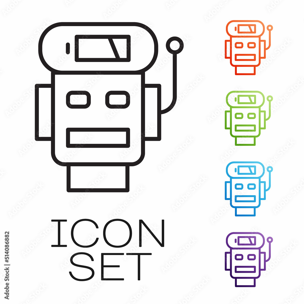 Poster Black line Robot low battery charge icon isolated on white background. Artificial intelligence, machine learning, cloud computing. Set icons colorful. Vector
