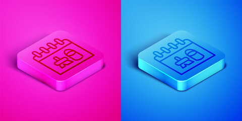 Isometric line Cleaning calendar icon isolated on pink and blue background. Square button. Vector