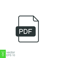 Pdf line icon. Simple outline design style. File, format, download, symbol, banner, button, sign concept. Vector illustration isolated on white background. Eps 10.