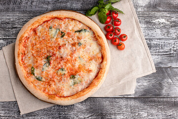 Pizza, pizza on a wooden white background, top view