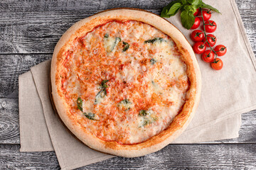 Pizza, pizza on a wooden white background, top view