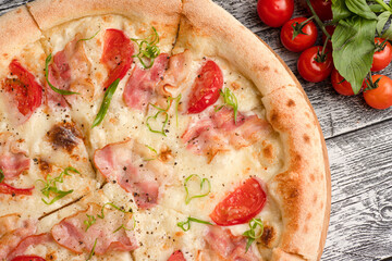 Pizza, pizza on a wooden white background, top view
