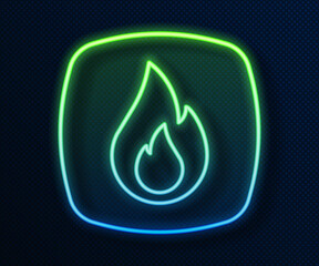 Glowing neon line Fire flame icon isolated on blue background. Vector