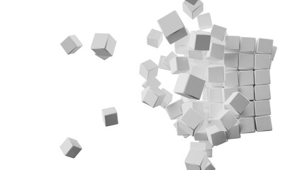 A set of many white cubes that are collapsing under white lighting background. Conceptual 3D illustration of blockchain, financial system and personal data analysis.