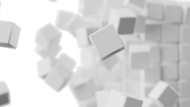 A set of many white cubes that are collapsing under white lighting background. Conceptual 3D illustration of blockchain, financial system and personal data analysis.