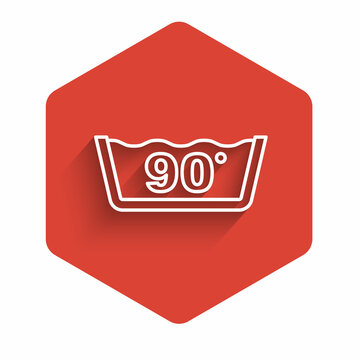 White line Washing under 90 degrees celsius icon isolated with long shadow background. Temperature wash. Red hexagon button. Vector
