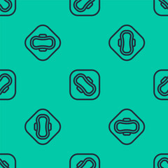 Blue line Menstruation and sanitary napkin icon isolated seamless pattern on green background. Feminine hygiene product. Vector