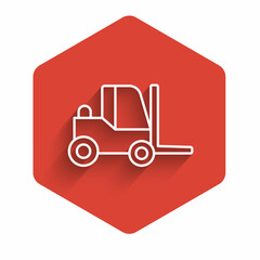 White line Forklift truck icon isolated with long shadow background. Fork loader and cardboard box. Cargo delivery, shipping, transportation. Red hexagon button. Vector