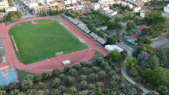 Aerial video over soccer stadium of Sparti city in Lakonia, Greece
