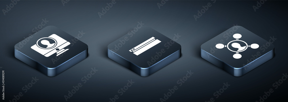 Poster set isometric create account screen, share and video game console icon. vector