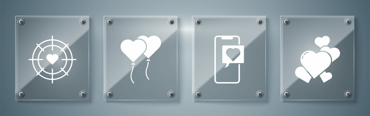 Set Heart, Smartphone with heart speech bubble, Balloons in form of heart and Heart in the center of darts target aim. Square glass panels. Vector