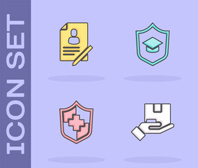 Set Delivery insurance, Document with shield, Life and Graduation cap icon. Vector