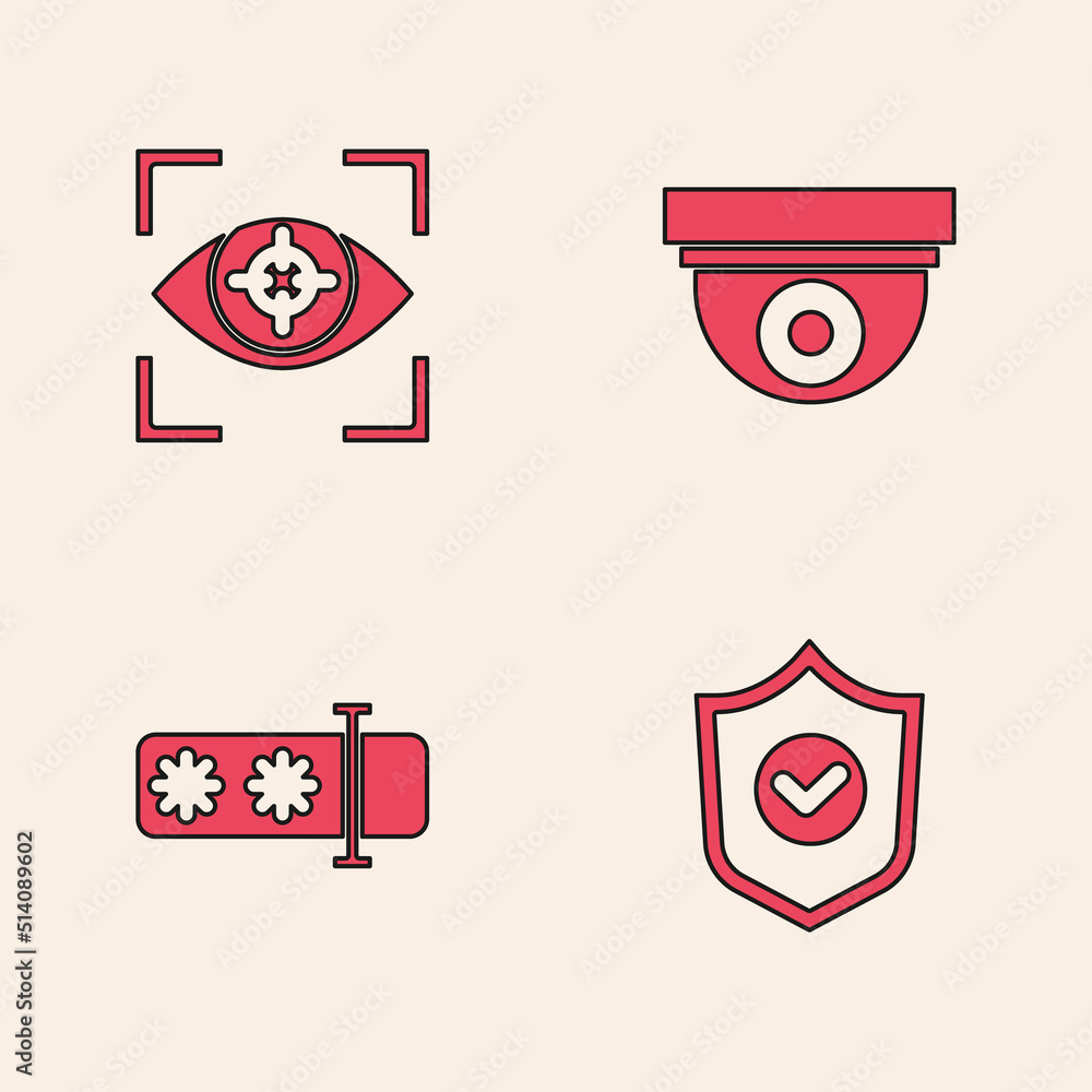 Poster set shield with check mark, eye scan, security camera and password protection icon. vector