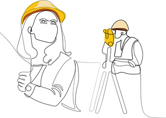 Close up of young Caucasian worker with helmet on head using tablet for work while standing in warehouse. Surveyor with a tripod icon. Geodesic tripod. Vector illustration