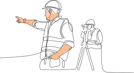 Close up of young Caucasian worker with helmet on head using tablet for work while standing in warehouse. Surveyor with a tripod icon. Geodesic tripod. Vector illustration