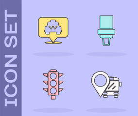 Set Location with bus, taxi, Traffic light and Safety belt icon. Vector