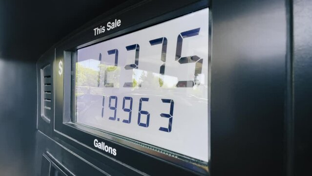 The highest maximum fuel price increase due to inflation in California USA. Static shot of gasoline price counter on display showing gas price on digital display, gas pump meter running at gas station