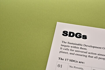 There is dummy documents that created for the photo shoot about SDGs. It's placed on a color background.