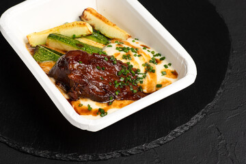 Beef cheek, beef cheek on a black background, side view