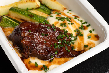 Beef cheek, beef cheek on a black background, side view