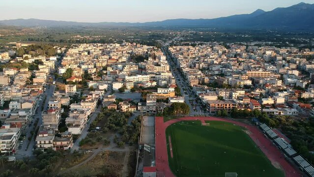 Aerial video city of Sparti city Greece. Sparti was founded to commemorate the famous ancient town of Sparta in Laconia, Greece